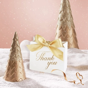 Sac cadeau de mariage blanc avec lettrage Thank You doré et nœud en ruban satiné