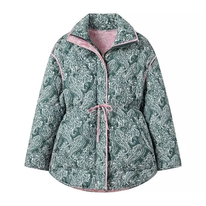 Women Paisley Print Quilted Padded Jacket With Detachable Sleeves Stand Collar Drawstring Waist Vintage Ethnic Coat