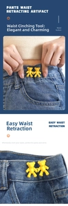Macro shot of bear-shaped adjustable metal button pins tightening denim jeans waistline