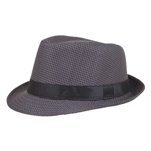 Classic grey houndstooth fedora hat for men with black ribbon trim on white background