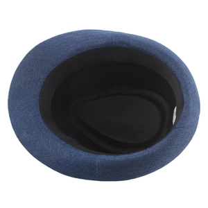 Detail view of navy linen jazz hat interior showing woven texture and black sweatband