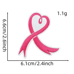 Detail view of pink ribbon heart embroidery patch with 6.6x6.1cm dimensions shown
