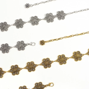 Vintage metal waist chain belts with floral leaf charms in gold and silver finish