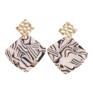 Modern acrylic geometric diamond earrings with gold metal studs and black and white textures