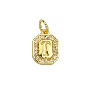 Detail of 18k gold plated square pendant featuring letter T and cubic zirconia crystals