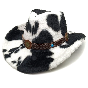 Western Cowboy Hat Cow Print Plush Faux Fur With Turquoise Bead Belt Retro Fedora Outdoor Bohemian Style Hat
