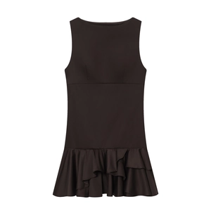 Women Sleeveless Boat Neck Mini Dress Solid Color Tiered Ruffle Hem Slim Fit Elegant Polyester Vacation Short Dress