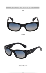 Detail view of square black sunglasses with blue gradient lenses and metal flower rivets