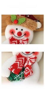 Detail of Christmas snowman ornament featuring a plush hat, knit bow and embroidered details