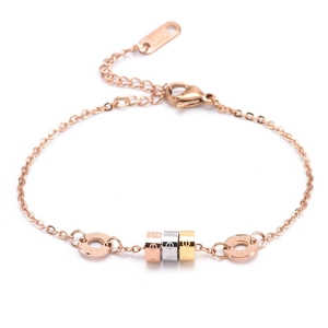 Three-tone titanium steel bracelet with rose gold beads and Roman numeral engraving