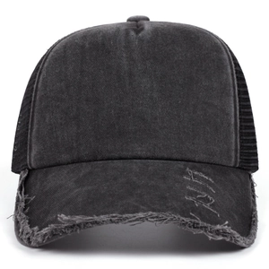 Vintage washed denim baseball cap with mesh back and distressed frayed brim detailing