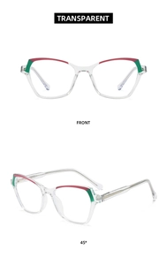 Detailed front and side views of transparent eyewear frames with red and green accents