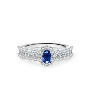 925 Sterling Silver Ring With Oval Blue Simulated Sapphire Sparkling Zircon Pavé Vintage Luxury Jewelry For Women