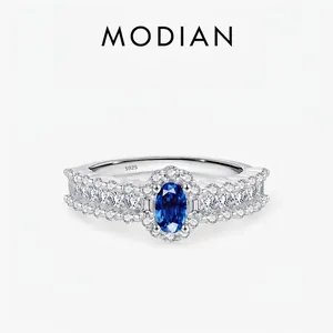 925 Sterling Silver Ring With Oval Blue Simulated Sapphire Sparkling Zircon Pavé Vintage Luxury Jewelry For Women