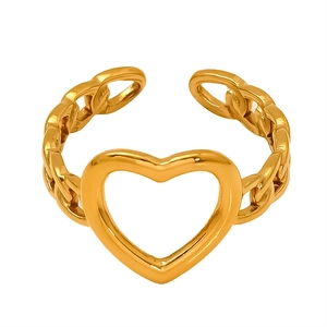18k gold plated stainless steel open ring featuring a hollow heart and chain link band