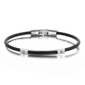Retro stainless steel braided cable bracelet with polished silver ID tag and screw detail