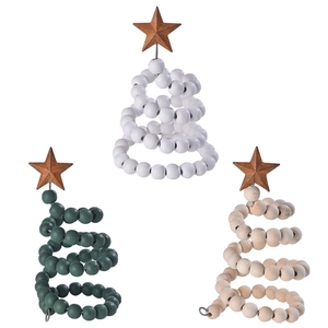 Three-piece Nordic wooden bead Christmas tree set with rustic metal stars on white background