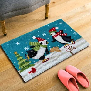 Detail of Christmas penguin rug showing thick faux cashmere texture on light wood floor