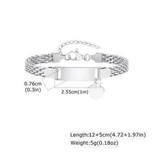 Detail view of mesh chain bracelet showing dimensions for engraved bar and heart charm