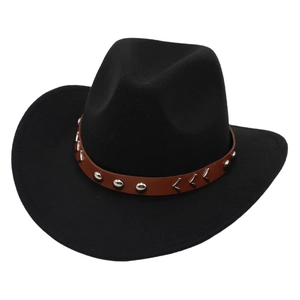 Classic black Western cowboy felt hat with brown leatherette studded band on white background