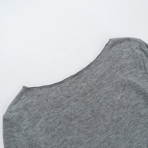Macro shot of the ribbed neckline on a gray knitted long-sleeve top for women