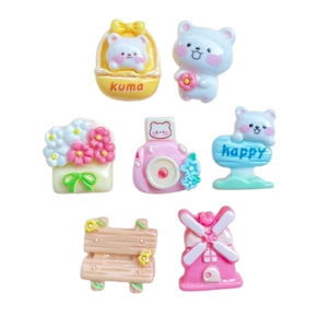 7Pcs cute resin bear flower camera DIY accessories for hair clips and stationery