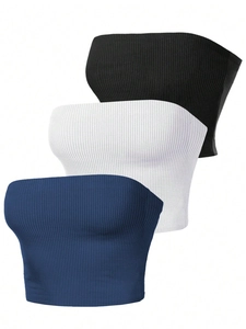 Three-pack ribbed seamless tube tops in black, white, and navy for fitness and yoga