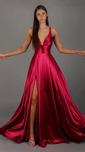 Detail of red satin evening gown featuring a deep V-neckline and elegant high side slit