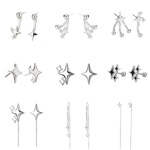 Asymmetric Four-Pointed Star Stud Earrings For Women Copper Electroplated Rhinestone Star Earrings Elegant Fashion Jewelry