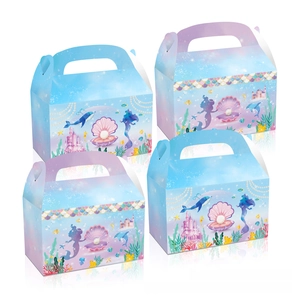 Detail of four mermaid themed gift boxes with gradient blue and purple fantasy ocean illustrations