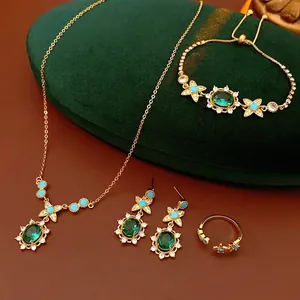 Necklace Bracelet Ring Earrings Vintage Flower Copper Zircon Green Stone Silver Earring Post Palace Style Women Decor