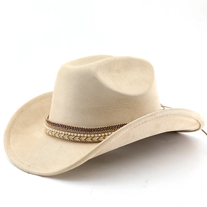 Detail view of beige suede fedora with decorative pearl and woven bead hatband