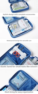 Detailed view of blue medical storage bag featuring waterproof pockets and mesh compartments