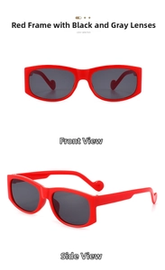 Detail view of red rectangular sunglasses featuring unique heart-shaped temple tips