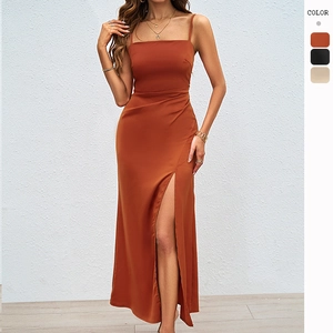 Robe Maxi En Satin À Bretelles Spaghetti Dos Nu Fente Latérale Col Carré Taille Haute Plissée Soirée Sexy Femmes