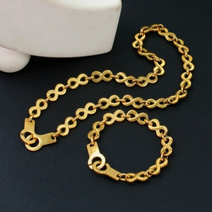 18K gold minimalist infinity link necklace and bracelet set with unique handcuff clasps