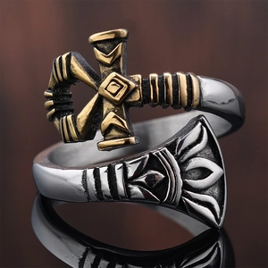 Retro punk stainless steel open ring with gold Ankh cross and Egyptian lotus pattern