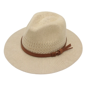 Classic cream woven straw fedora hat with a stylish dark brown leather band and tassel
