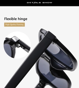 Détail de charnière flexible et peinture haute qualité sur lunettes de soleil noires