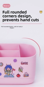 Pink desktop storage box with rounded safety corners and cute astronaut stickers