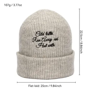 Light gray knit beanie with Cold latte embroidery, warm winter hat with dimensions and weight