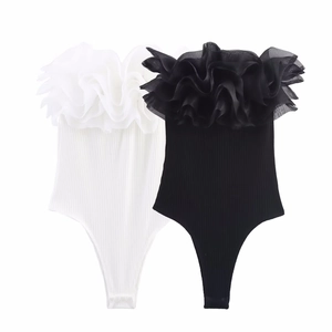 Body Femme Sexy Tricot Côtelé Organza Volants Sans Manches Épaules Dénudées Coupe Slim
