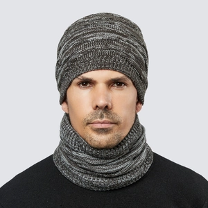 Winter knit beanie and neck warmer set in grey melange with thick striped texture