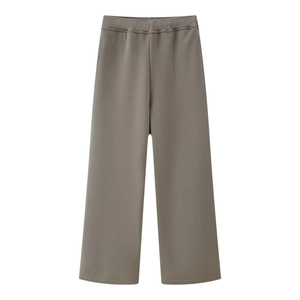 Flat lay of taupe wide-leg lounge pants featuring an elastic waistband and knit fabric