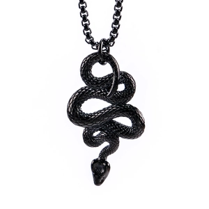 Detailed view of black stainless steel snake pendant with textured scales on white background