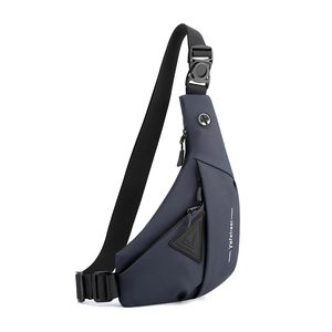 Detail view of water-resistant navy sling bag showing zipper compartments and side logo