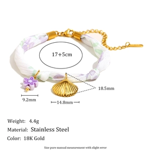 Vintage 18K gold plated stainless steel shell bracelet with purple floral ribbon and charms