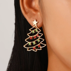 Detailed view of rhinestone-encrusted Christmas tree earrings with colorful crystals