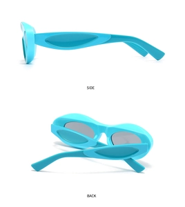 Cyan Y2K oval sunglasses showing side and back views with wide temple structure