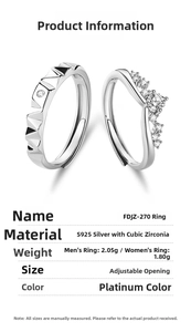 Detailed spec sheet showing S925 silver couple rings with adjustable sizes and CZ stones